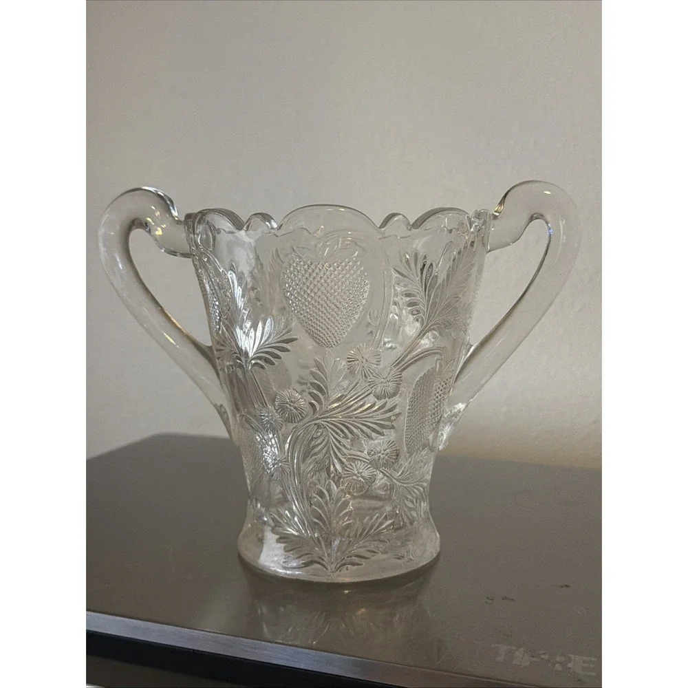 Antique Cambridge Early American Pressed Glass Double Handle Strawberry Pattern